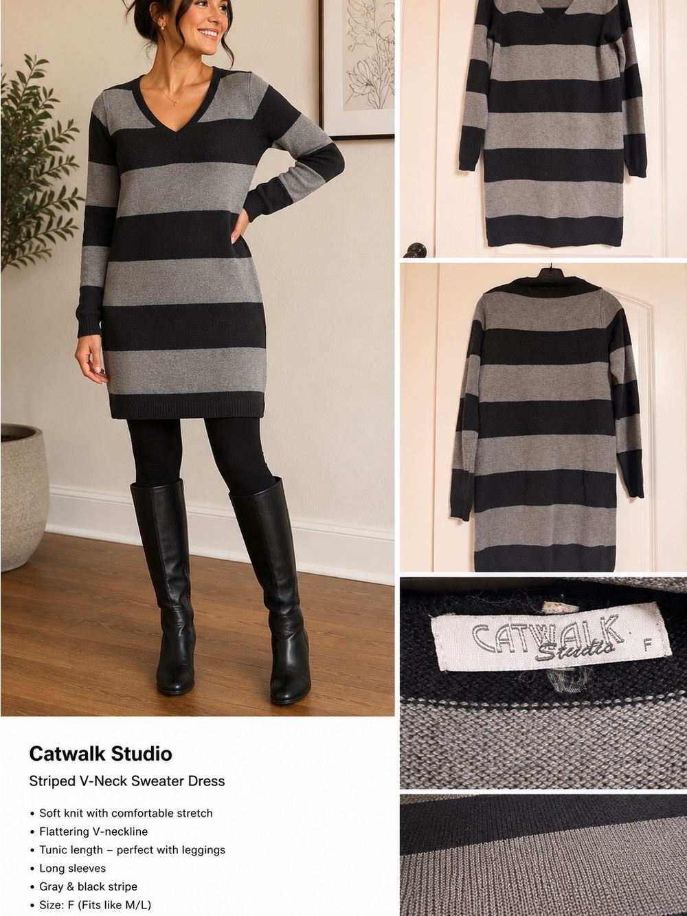 Catwalk Studio Gray & Black Striped V-Neck Sweater Dress